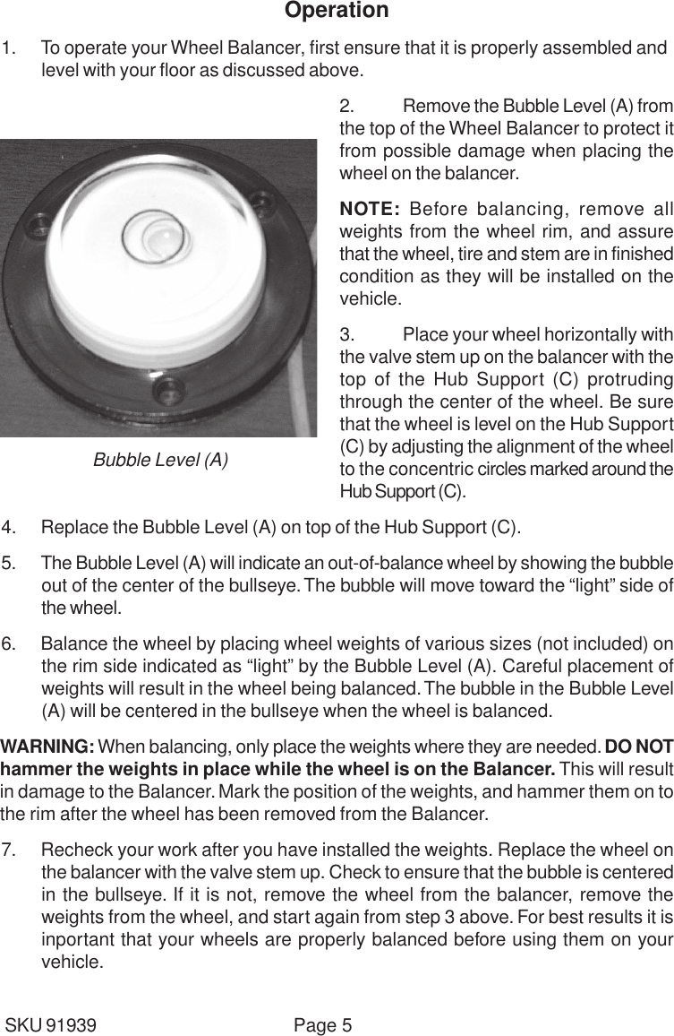 Page 5 of 7 - Harbor-Freight Harbor-Freight-91939-Users-Manual- 91939 Wheel Balancer  Harbor-freight-91939-users-manual