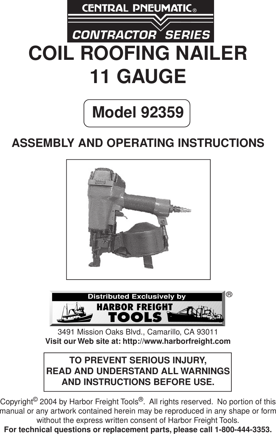 Harbor Freight 92359 Users Manual Nailer