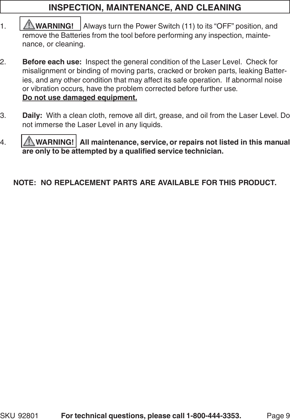Page 9 of 9 - Harbor-Freight Harbor-Freight-92801-Users-Manual- 92801 Rotary Laser Level Harbor-freight-92801-users-manual