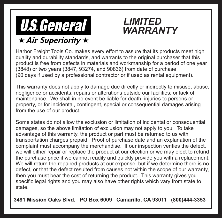 Page 12 of 12 - Harbor-Freight Harbor-Freight-93274-Owner-S-Manual US General Electric Compressor Manual 2010