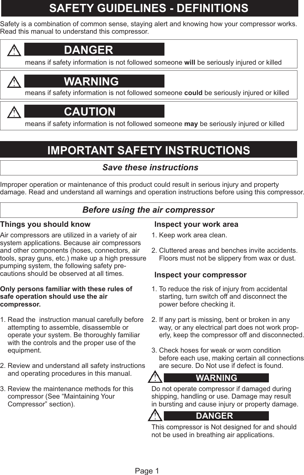 Page 3 of 12 - Harbor-Freight Harbor-Freight-93274-Owner-S-Manual US General Electric Compressor Manual 2010