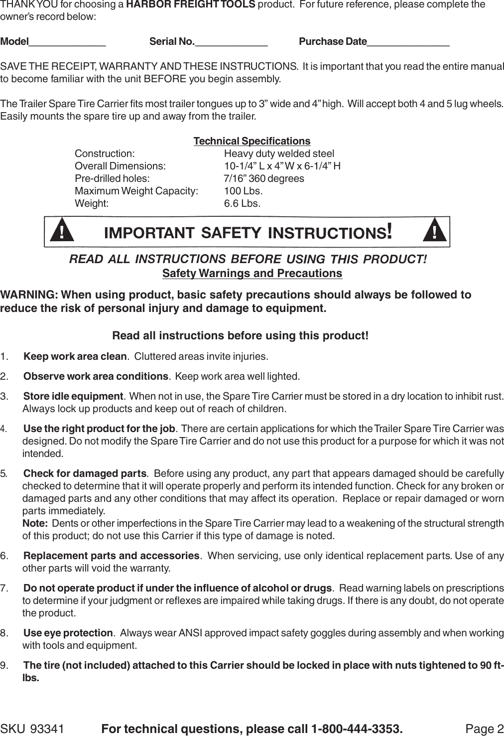 Page 2 of 5 - Harbor-Freight Harbor-Freight-93341-Users-Manual- 93341 Trailer Spare Tire Carrier  Harbor-freight-93341-users-manual