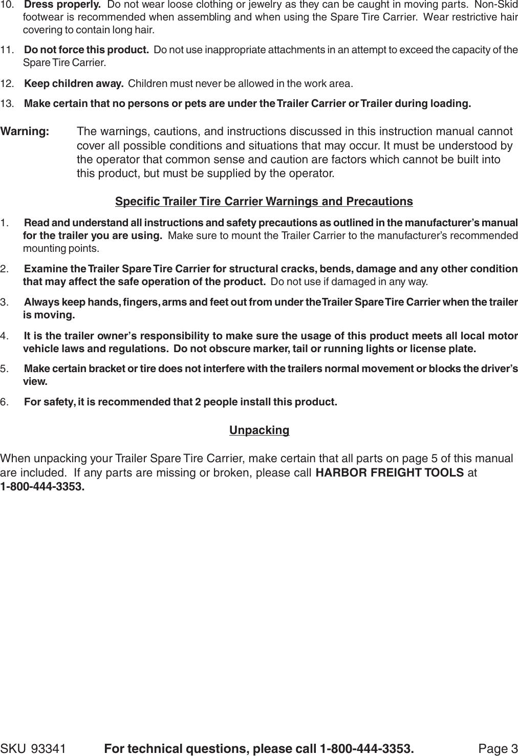 Page 3 of 5 - Harbor-Freight Harbor-Freight-93341-Users-Manual- 93341 Trailer Spare Tire Carrier  Harbor-freight-93341-users-manual