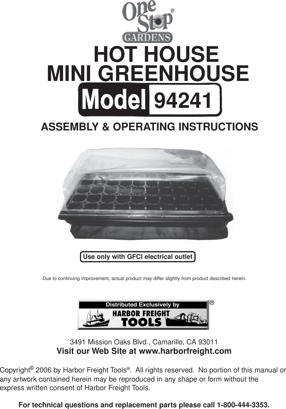 Harbor Freight 94241 Users Manual Hot House Mini Greenhouse