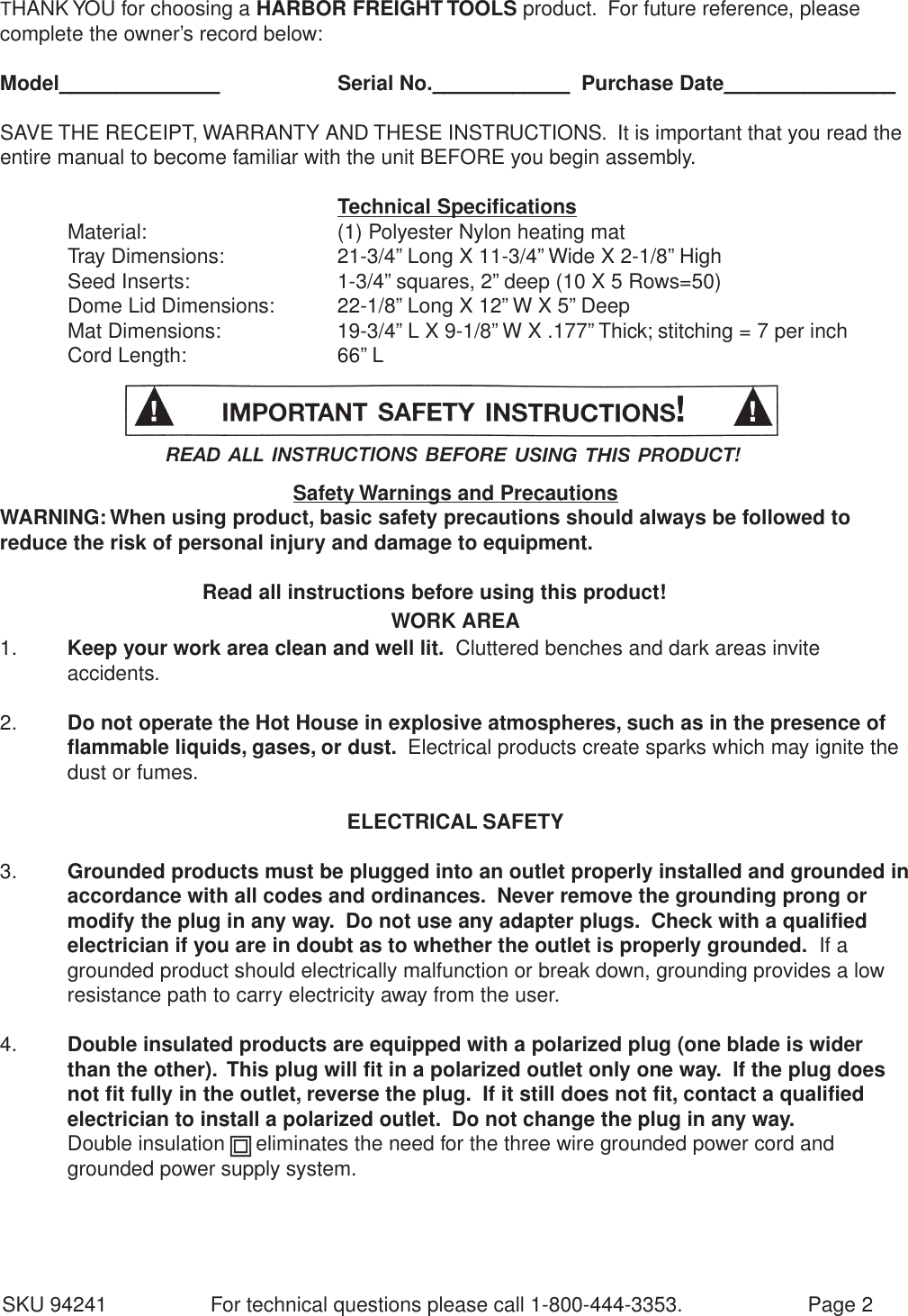 Page 2 of 7 - Harbor-Freight Harbor-Freight-94241-Users-Manual- 94241 Hot House Mini Greenhouse  Harbor-freight-94241-users-manual