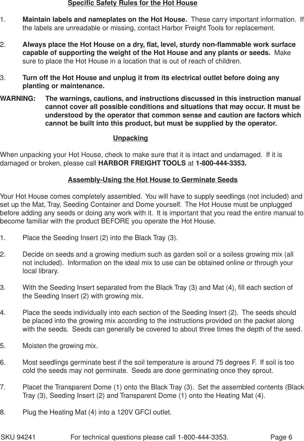 Page 6 of 7 - Harbor-Freight Harbor-Freight-94241-Users-Manual- 94241 Hot House Mini Greenhouse  Harbor-freight-94241-users-manual