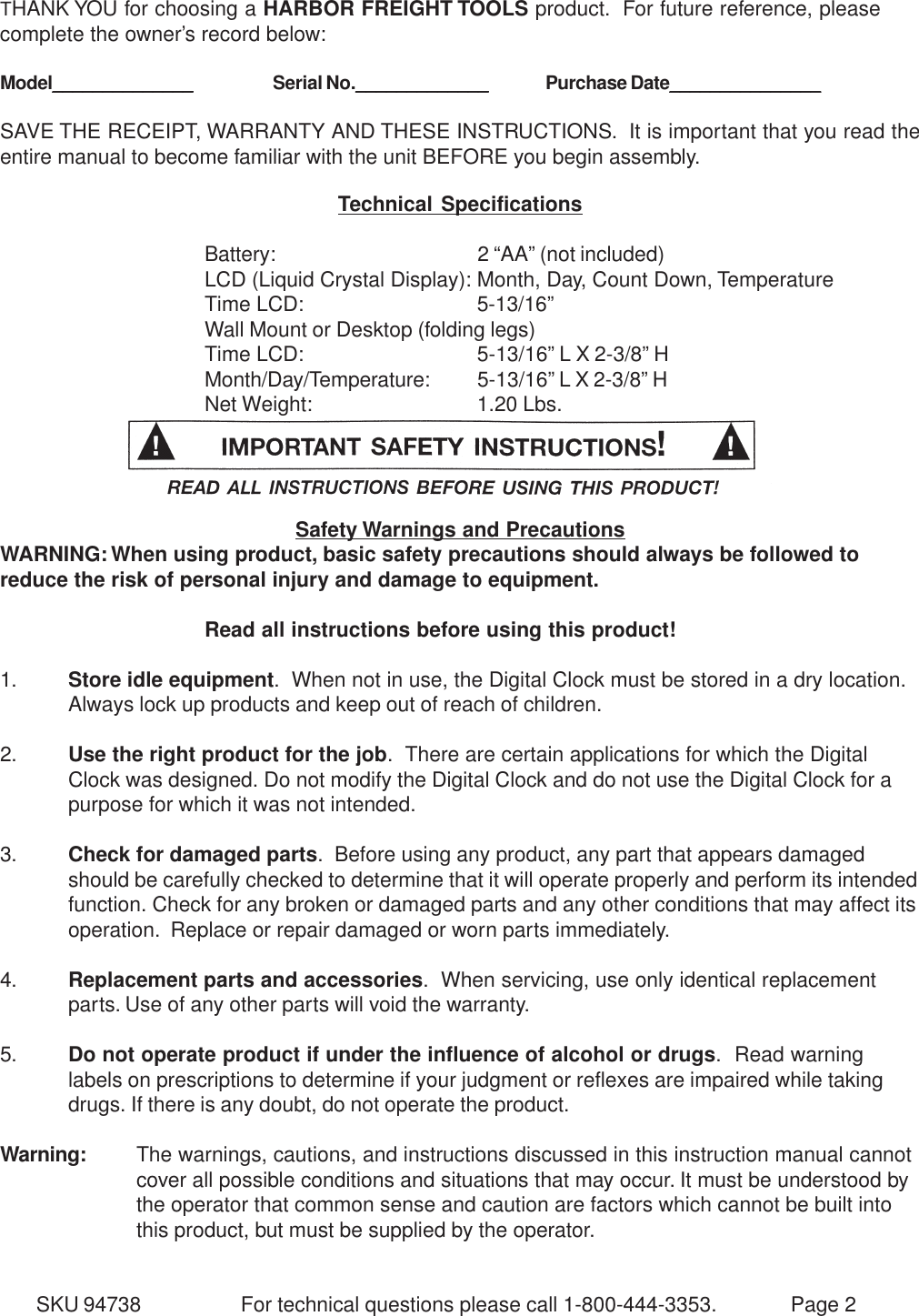 Page 2 of 5 - Harbor-Freight Harbor-Freight-94738-Users-Manual- 94738 Manual  Harbor-freight-94738-users-manual