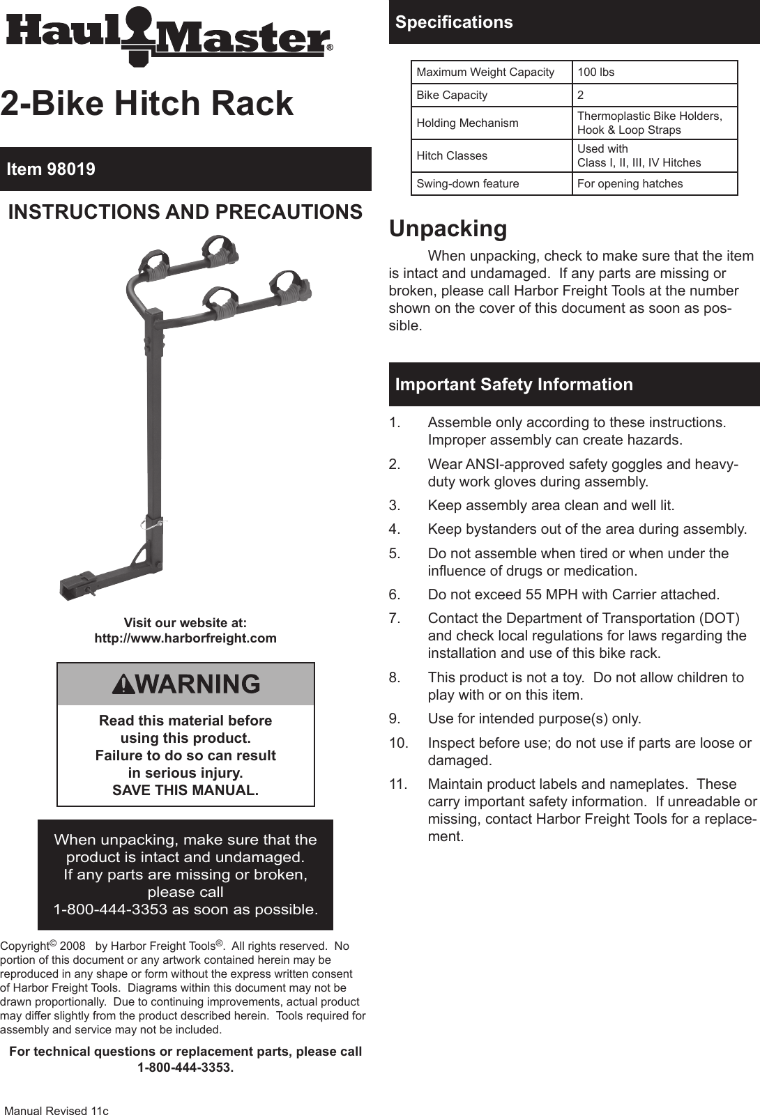 Page 1 of 4 - Harbor-Freight Harbor-Freight-98019-Owner-S-Manual