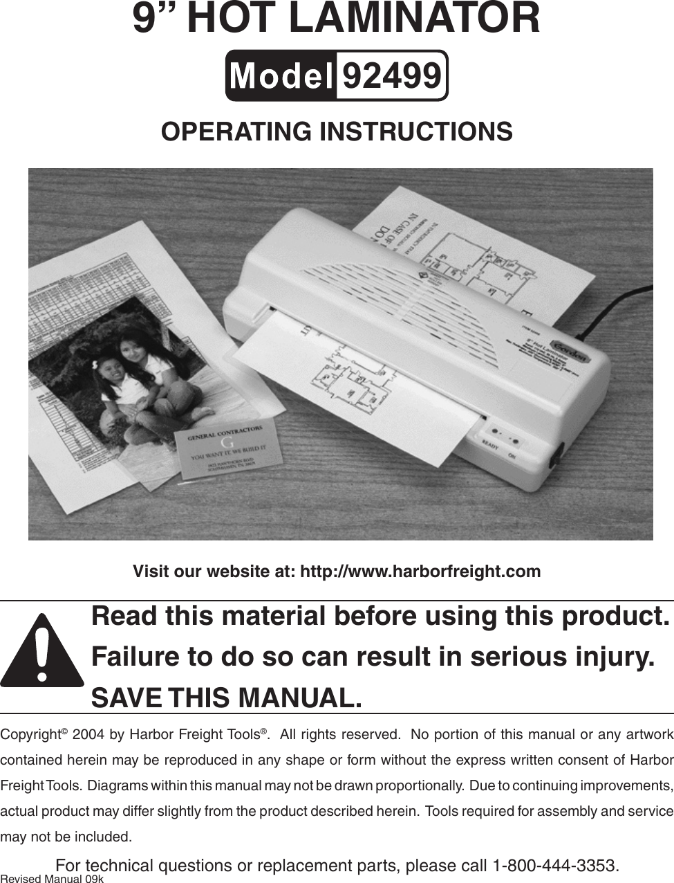 Page 1 of 11 - Harbor-Freight Harbor-Freight-9-Hot-Laminator-Product-Manual-  Harbor-freight-9-hot-laminator-product-manual