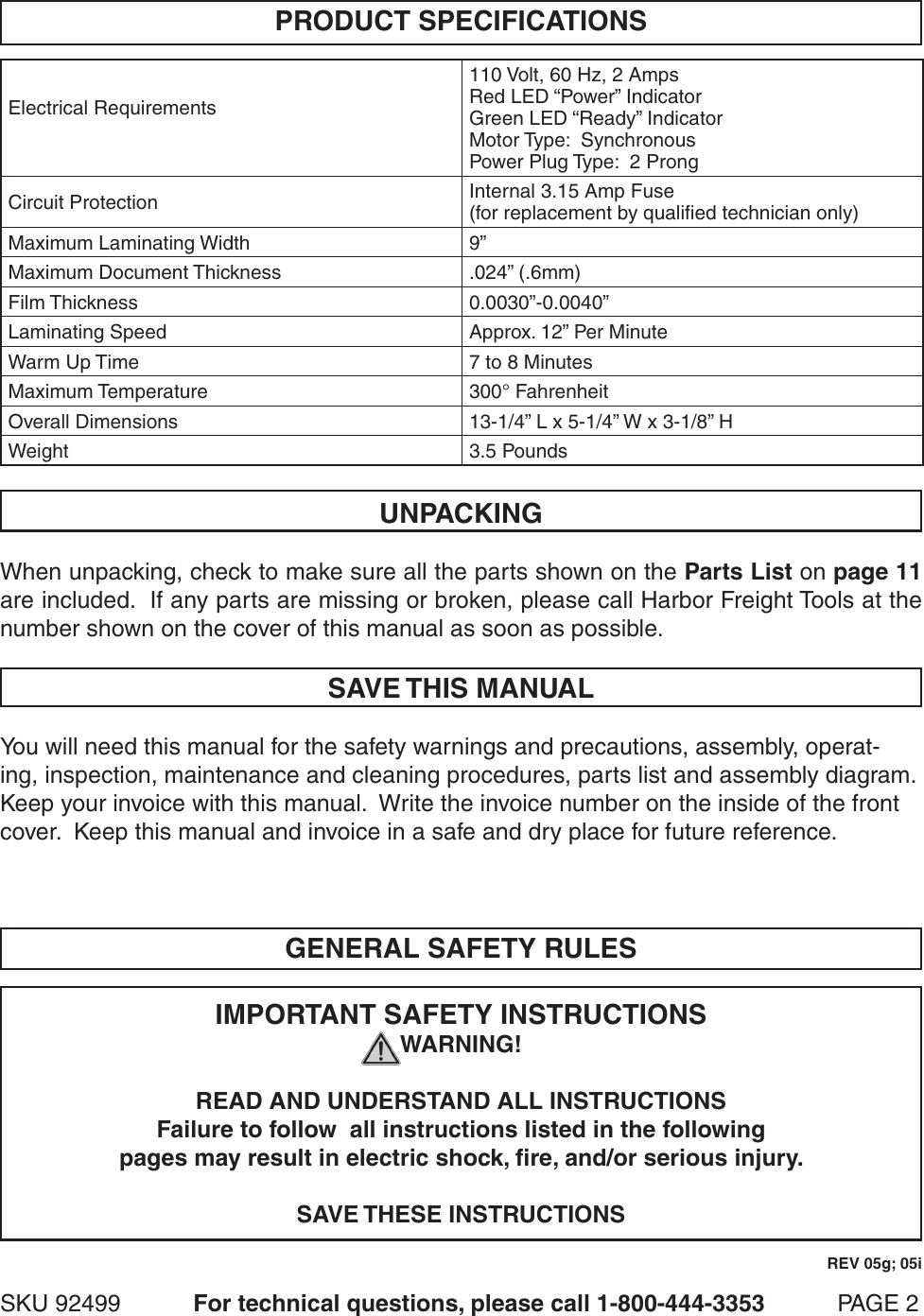 Page 2 of 11 - Harbor-Freight Harbor-Freight-9-Hot-Laminator-Product-Manual-  Harbor-freight-9-hot-laminator-product-manual