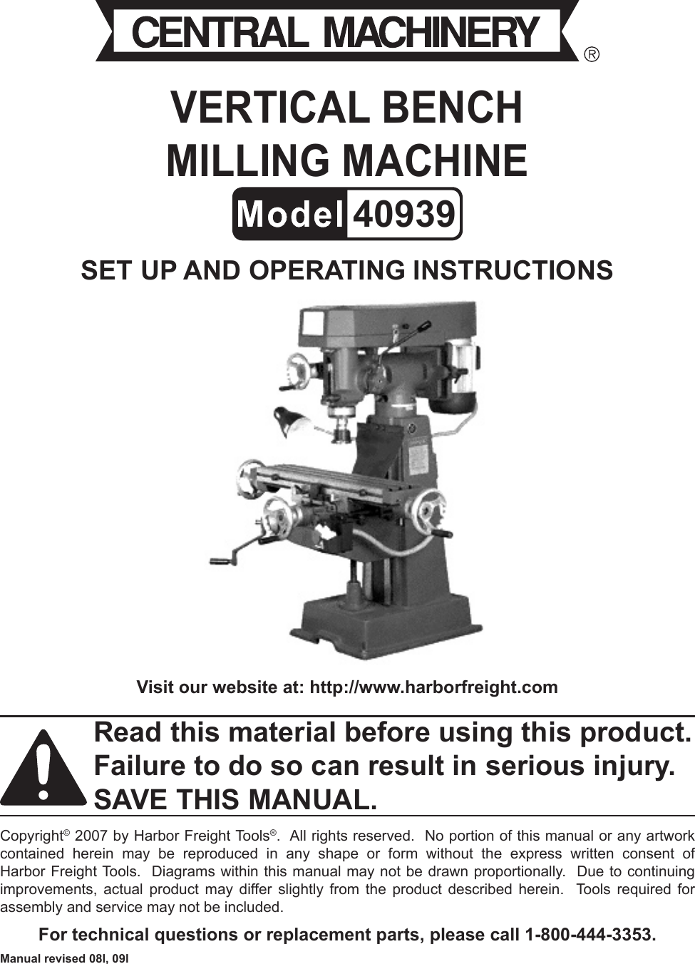 Harbor Freight 9 Speed Vertical Milling Machine Product Manual