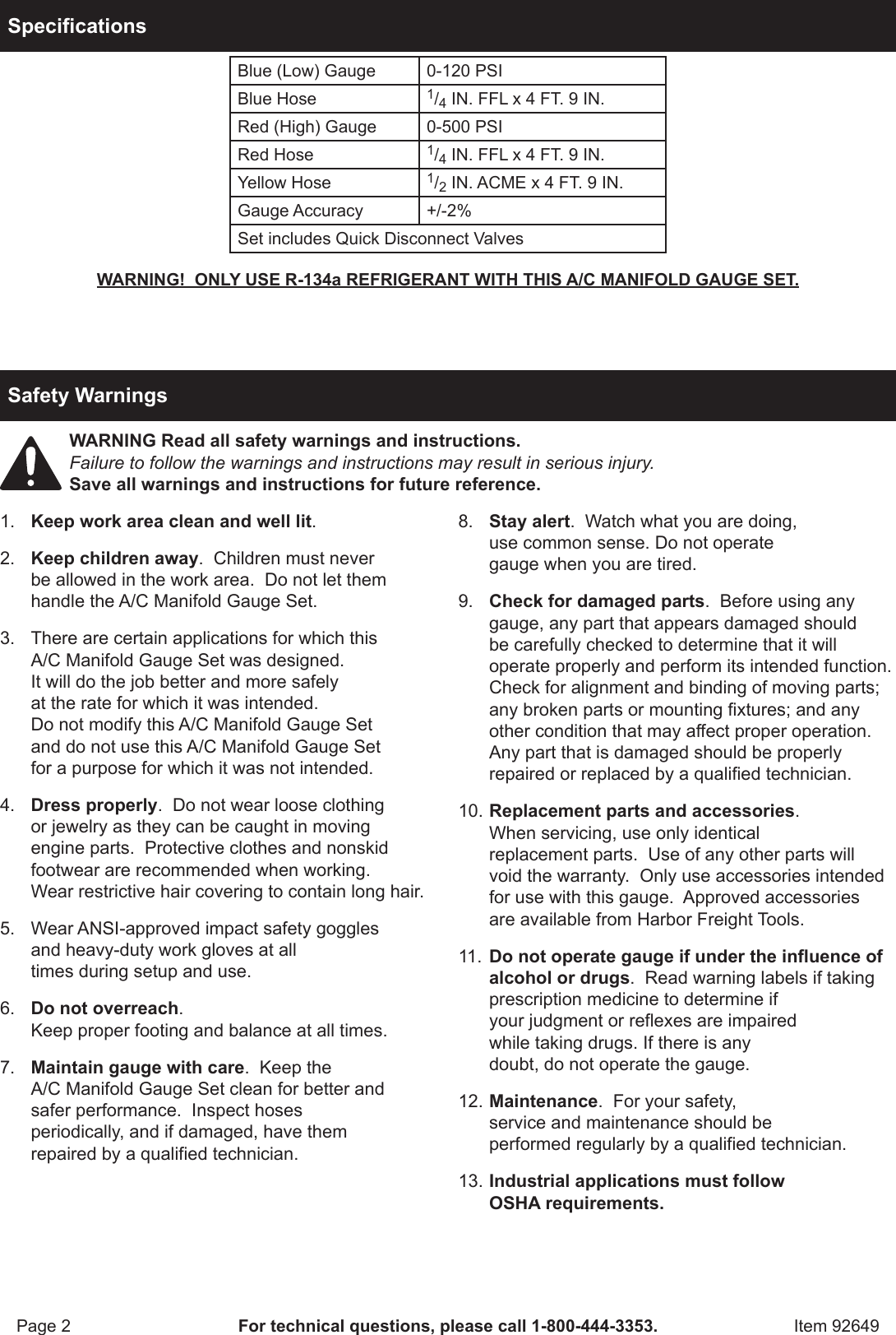 Harbor Freight A C R134A Manifold Gauge Set Product Manual