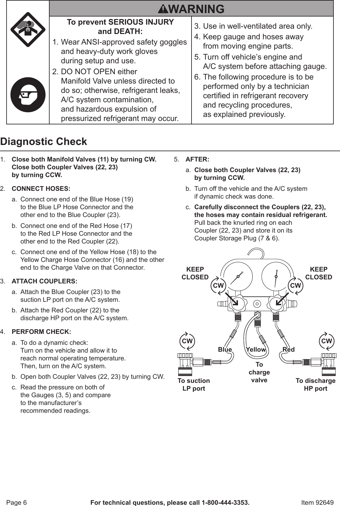 Page 6 of 12 - Harbor-Freight Harbor-Freight-A-C-R134A-Manifold-Gauge-Set-Product-Manual-  Harbor-freight-a-c-r134a-manifold-gauge-set-product-manual