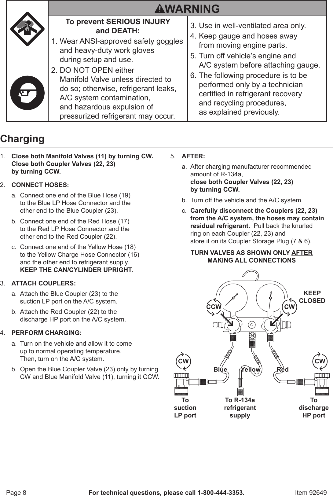 Page 8 of 12 - Harbor-Freight Harbor-Freight-A-C-R134A-Manifold-Gauge-Set-Product-Manual-  Harbor-freight-a-c-r134a-manifold-gauge-set-product-manual