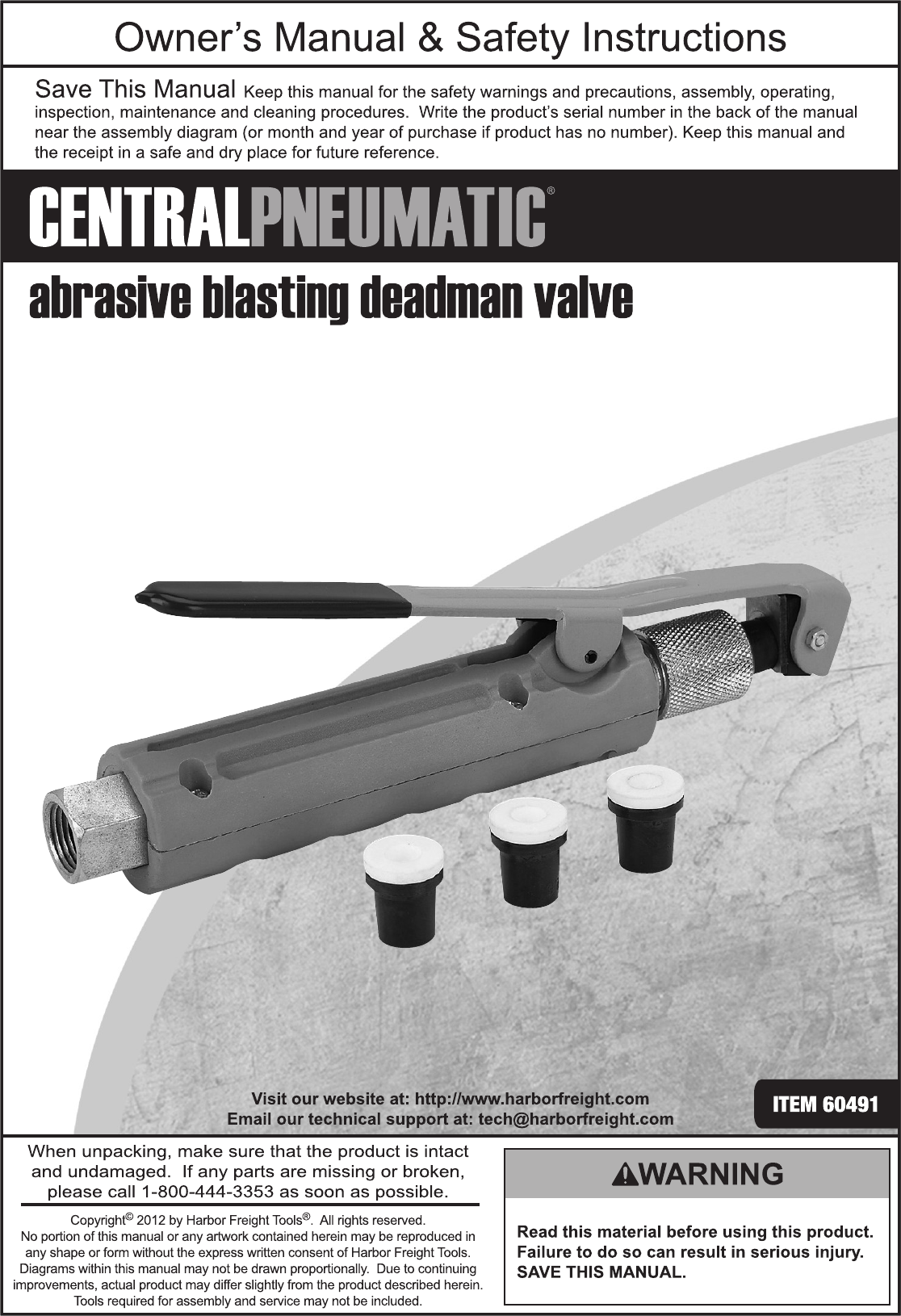 Page 1 of 12 - Harbor-Freight Harbor-Freight-Abrasive-Blasting-Deadman-Valve-With-4-Ceramic-Nozzles-Product-Manual-  Harbor-freight-abrasive-blasting-deadman-valve-with-4-ceramic-nozzles-product-manual