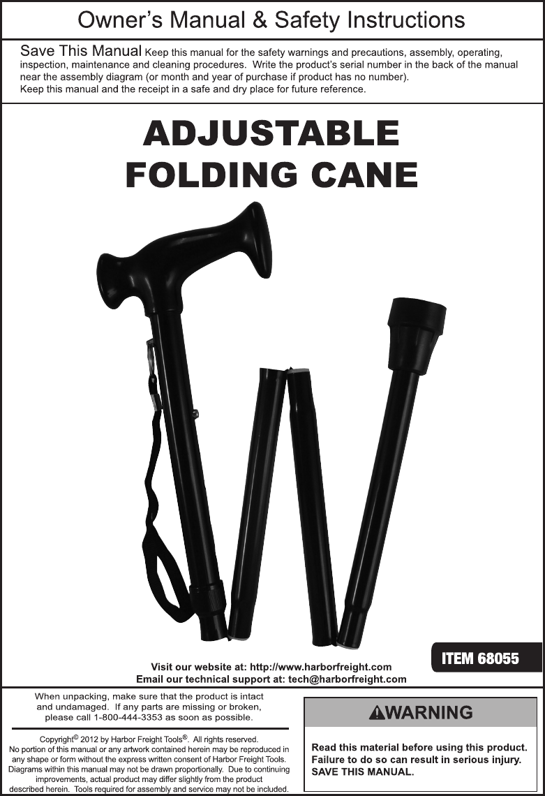 Harbor Freight Adjustable Height Folding Cane Product Manual