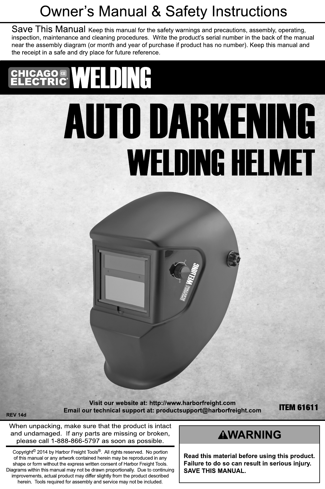 Page 1 of 12 - Harbor-Freight Harbor-Freight-Adjustable-Shade-Auto-Darkening-Welding-Helmet-Product-Manual-  Harbor-freight-adjustable-shade-auto-darkening-welding-helmet-product-manual