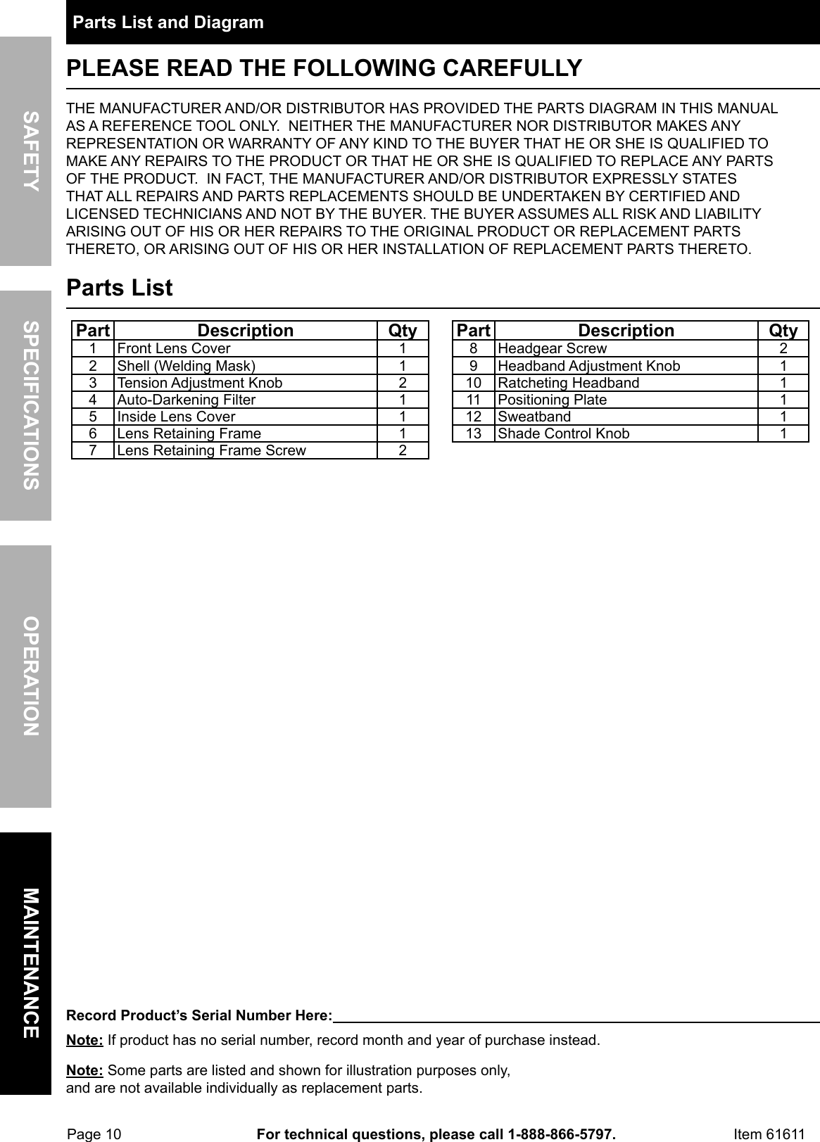 Page 10 of 12 - Harbor-Freight Harbor-Freight-Adjustable-Shade-Auto-Darkening-Welding-Helmet-Product-Manual-  Harbor-freight-adjustable-shade-auto-darkening-welding-helmet-product-manual