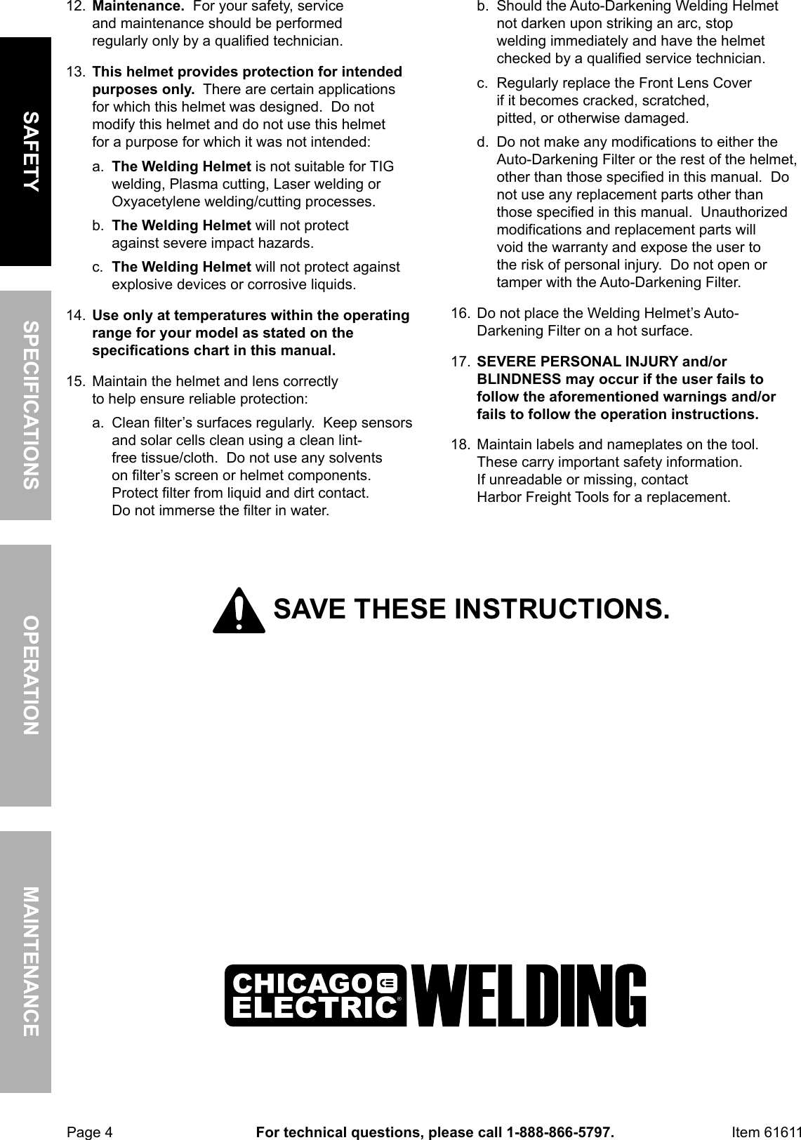 Page 4 of 12 - Harbor-Freight Harbor-Freight-Adjustable-Shade-Auto-Darkening-Welding-Helmet-Product-Manual-  Harbor-freight-adjustable-shade-auto-darkening-welding-helmet-product-manual