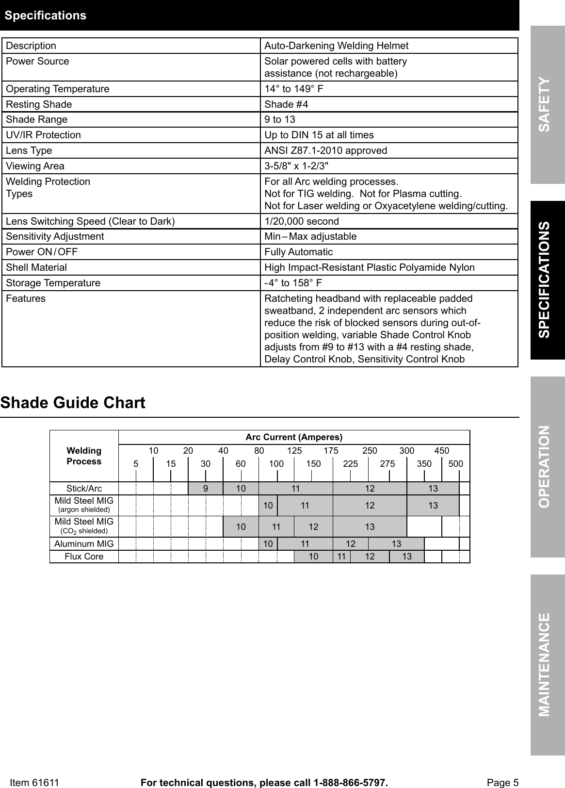 Page 5 of 12 - Harbor-Freight Harbor-Freight-Adjustable-Shade-Auto-Darkening-Welding-Helmet-Product-Manual-  Harbor-freight-adjustable-shade-auto-darkening-welding-helmet-product-manual