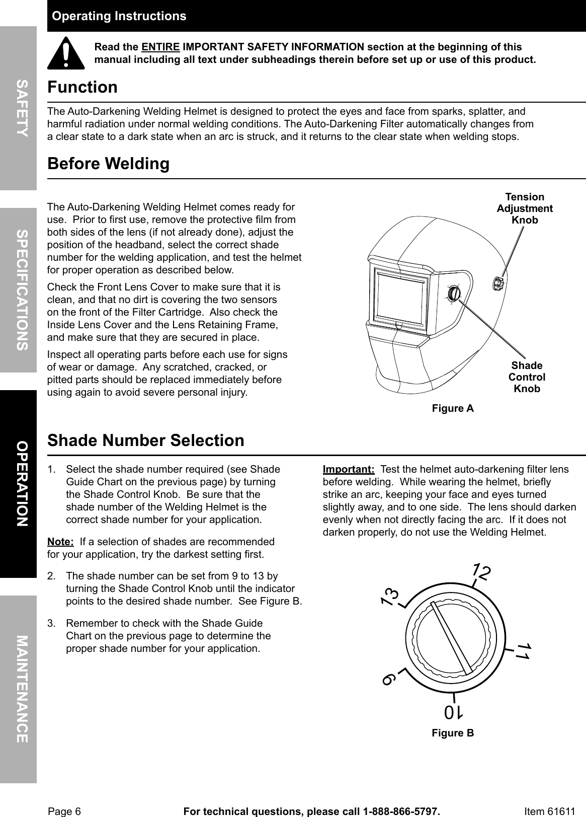 Page 6 of 12 - Harbor-Freight Harbor-Freight-Adjustable-Shade-Auto-Darkening-Welding-Helmet-Product-Manual-  Harbor-freight-adjustable-shade-auto-darkening-welding-helmet-product-manual