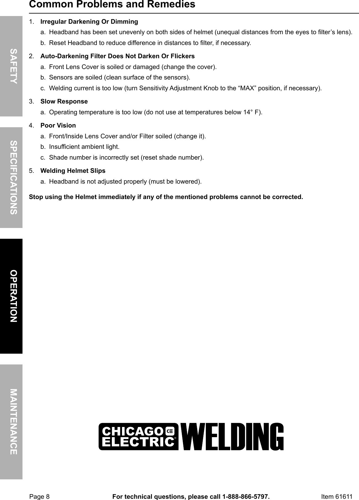 Page 8 of 12 - Harbor-Freight Harbor-Freight-Adjustable-Shade-Auto-Darkening-Welding-Helmet-Product-Manual-  Harbor-freight-adjustable-shade-auto-darkening-welding-helmet-product-manual