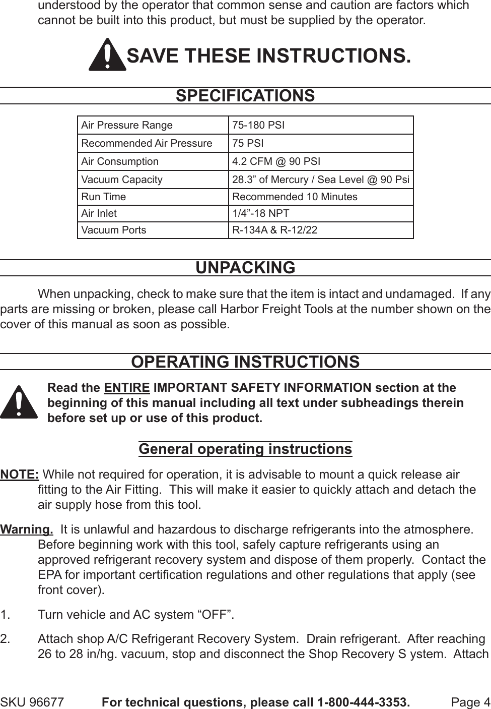 Page 4 of 7 - Harbor-Freight Harbor-Freight-Air-Vacuum-Pump-With-R134A-And-R12-Connectors-Product-Manual-  Harbor-freight-air-vacuum-pump-with-r134a-and-r12-connectors-product-manual