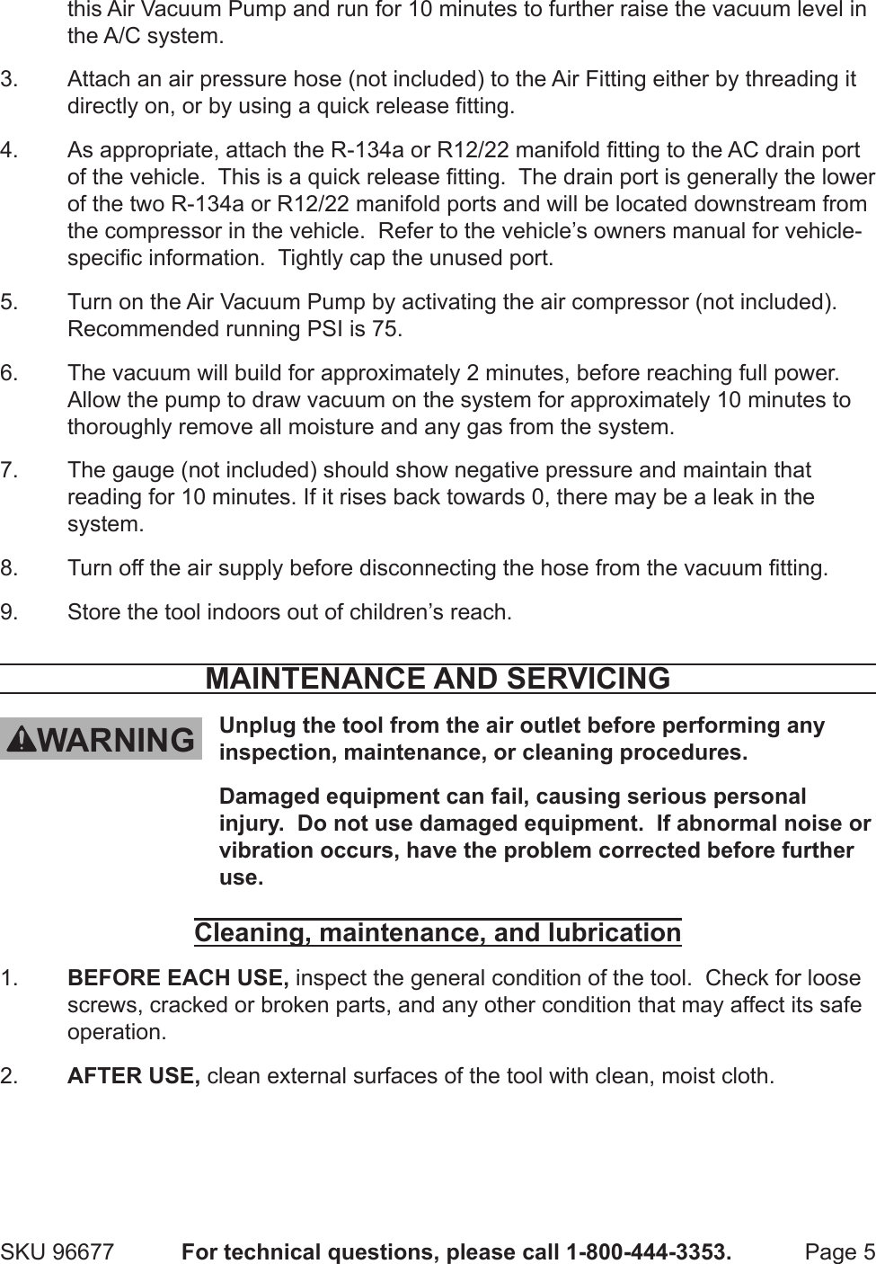 Page 5 of 7 - Harbor-Freight Harbor-Freight-Air-Vacuum-Pump-With-R134A-And-R12-Connectors-Product-Manual-  Harbor-freight-air-vacuum-pump-with-r134a-and-r12-connectors-product-manual