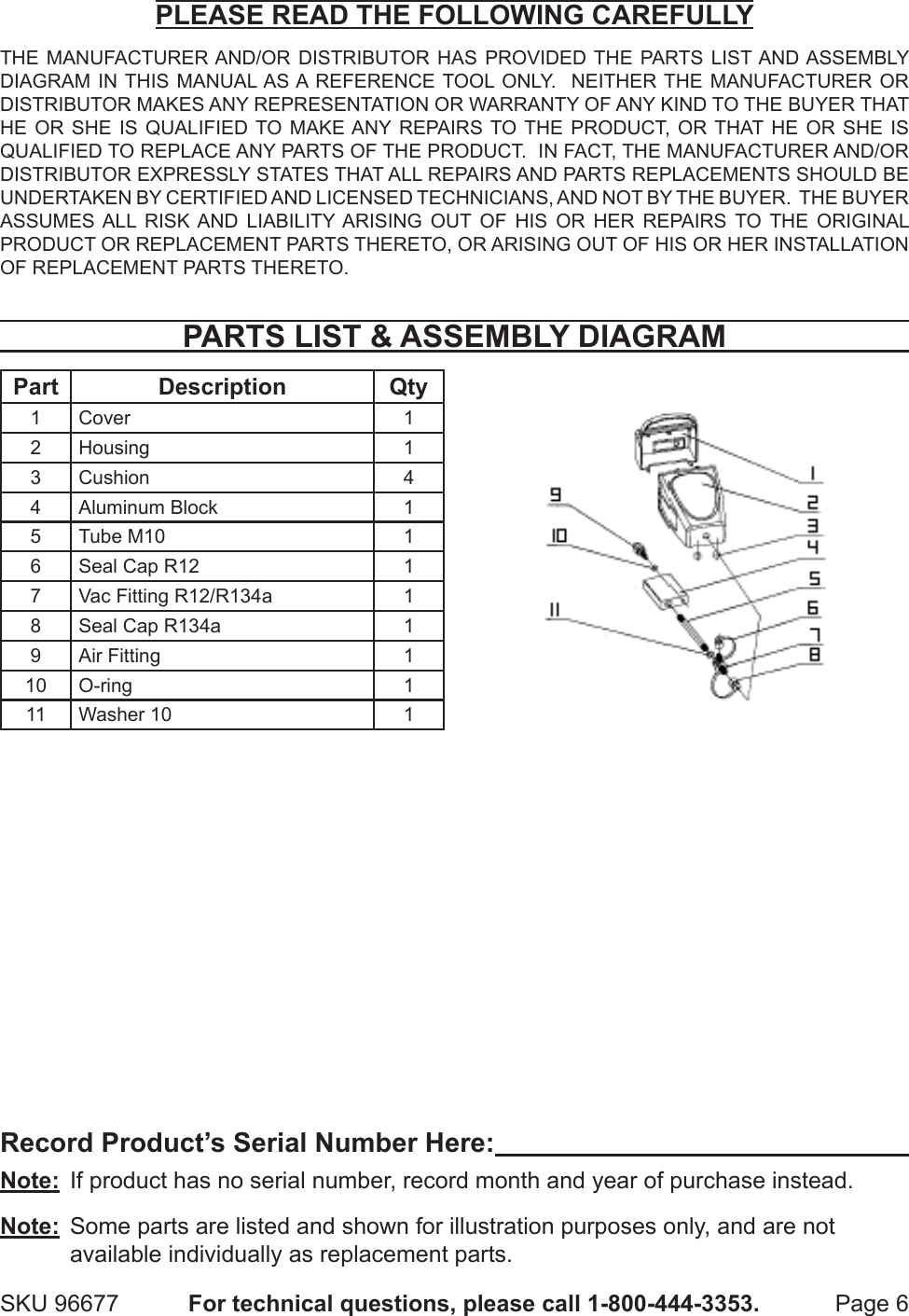 Page 6 of 7 - Harbor-Freight Harbor-Freight-Air-Vacuum-Pump-With-R134A-And-R12-Connectors-Product-Manual-  Harbor-freight-air-vacuum-pump-with-r134a-and-r12-connectors-product-manual