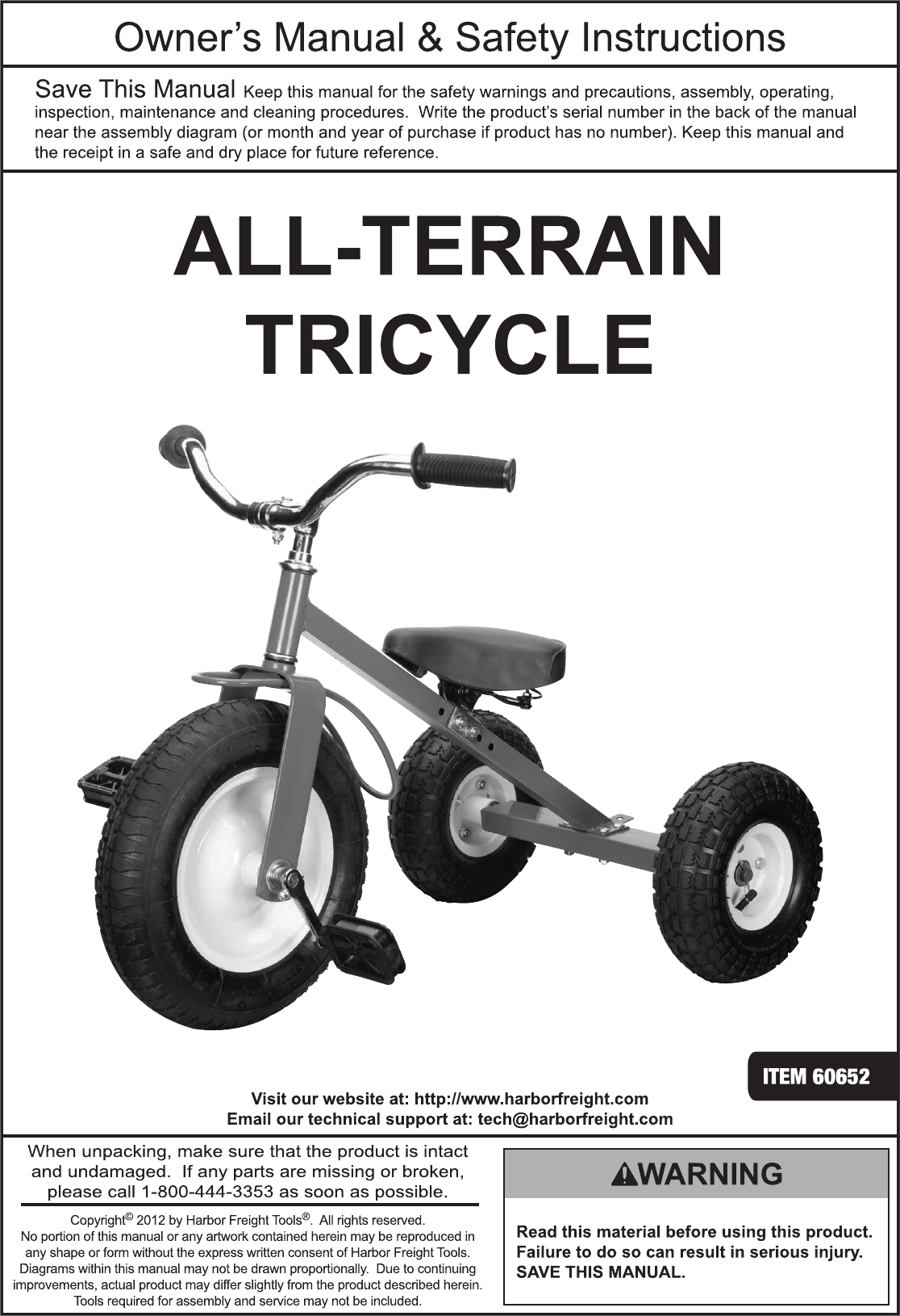 Page 1 of 8 - Harbor-Freight Harbor-Freight-All-Terrain-Tricycle-Product-Manual-  Harbor-freight-all-terrain-tricycle-product-manual