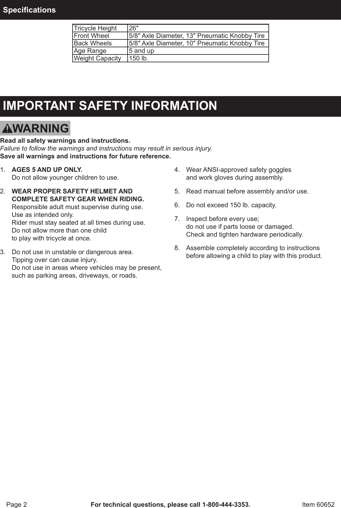 Page 2 of 8 - Harbor-Freight Harbor-Freight-All-Terrain-Tricycle-Product-Manual-  Harbor-freight-all-terrain-tricycle-product-manual