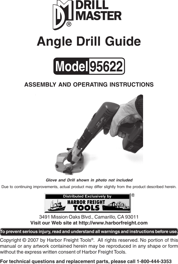 Harbor Freight Angle Drill Guide Product Manual 95622