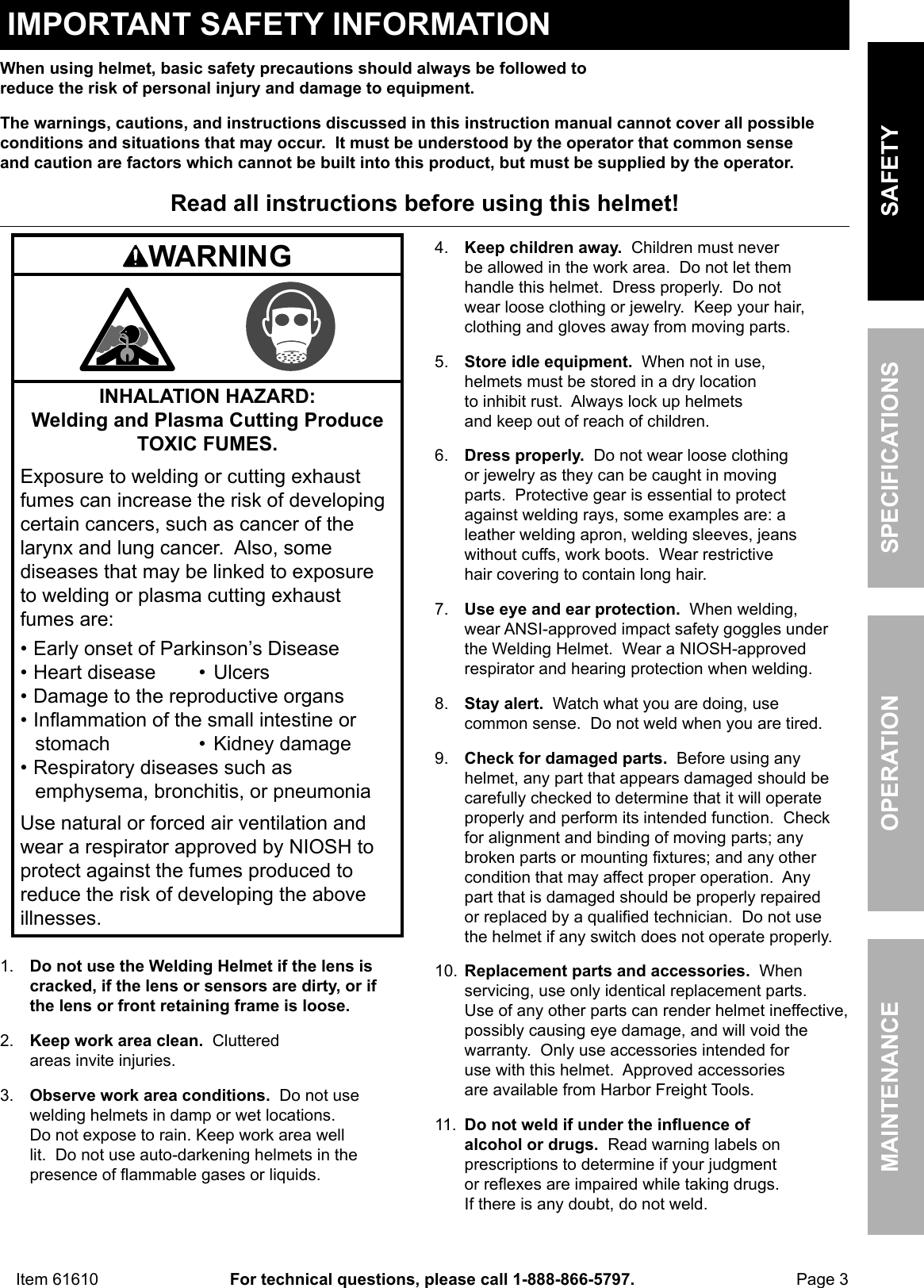 Page 3 of 12 - Harbor-Freight Harbor-Freight-Auto-Darkening-Welding-Helmet-With-Blue-Flame-Design-Product-Manual-  Harbor-freight-auto-darkening-welding-helmet-with-blue-flame-design-product-manual