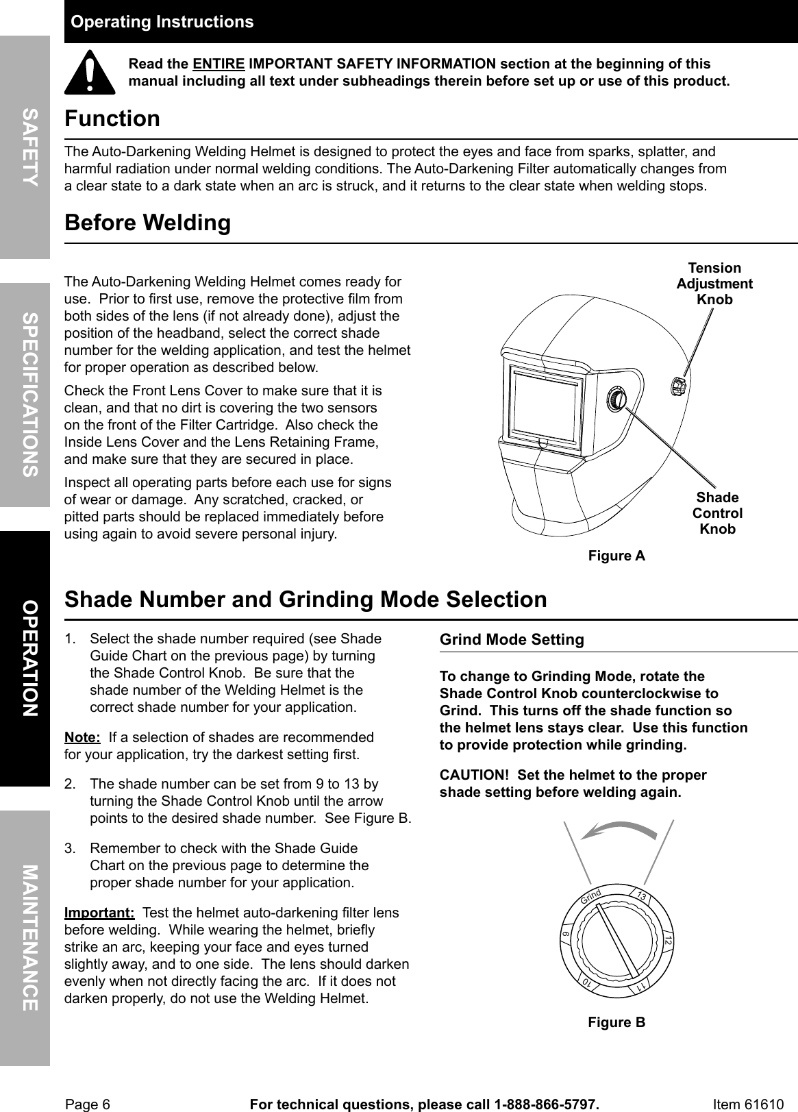 Page 6 of 12 - Harbor-Freight Harbor-Freight-Auto-Darkening-Welding-Helmet-With-Blue-Flame-Design-Product-Manual-  Harbor-freight-auto-darkening-welding-helmet-with-blue-flame-design-product-manual