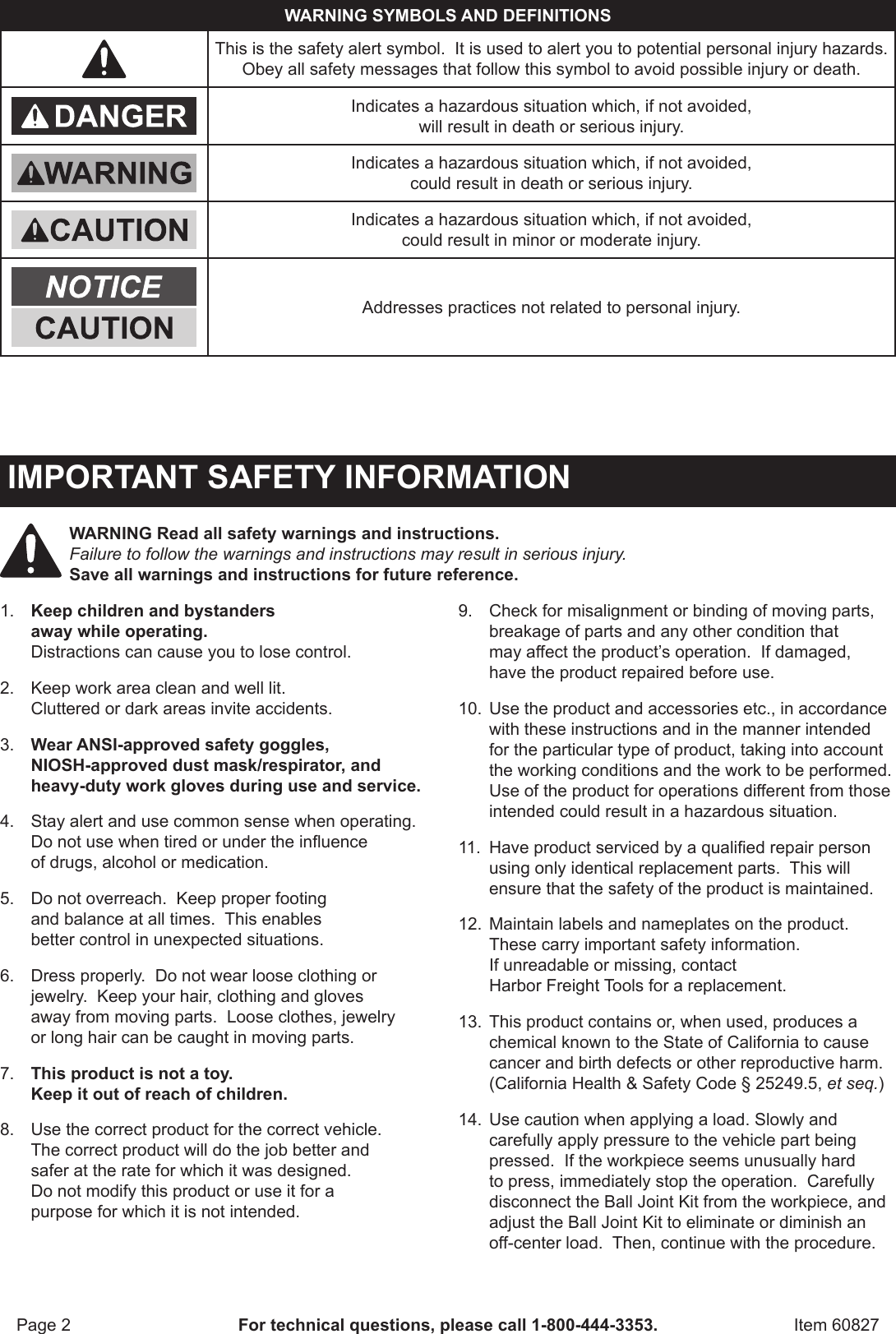 Page 2 of 8 - Harbor-Freight Harbor-Freight-Ball-Joint-Service-Kit-For-2Wd-And-4Wd-Vehicles-Product-Manual-  Harbor-freight-ball-joint-service-kit-for-2wd-and-4wd-vehicles-product-manual