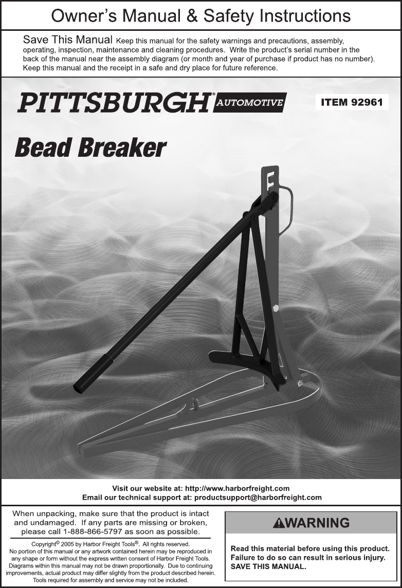 Page 1 of 8 - Harbor-Freight Harbor-Freight-Bead-Breaker-Product-Manual-  Harbor-freight-bead-breaker-product-manual