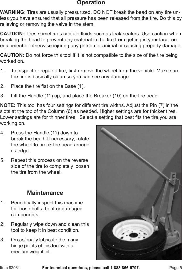 Page 5 of 8 - Harbor-Freight Harbor-Freight-Bead-Breaker-Product-Manual-  Harbor-freight-bead-breaker-product-manual