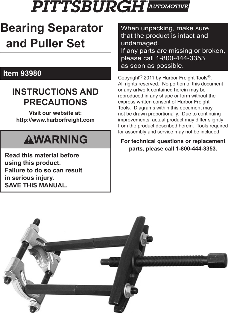 Page 1 of 8 - Harbor-Freight Harbor-Freight-Bearing-Separator-And-Puller-Set-Product-Manual-  Harbor-freight-bearing-separator-and-puller-set-product-manual
