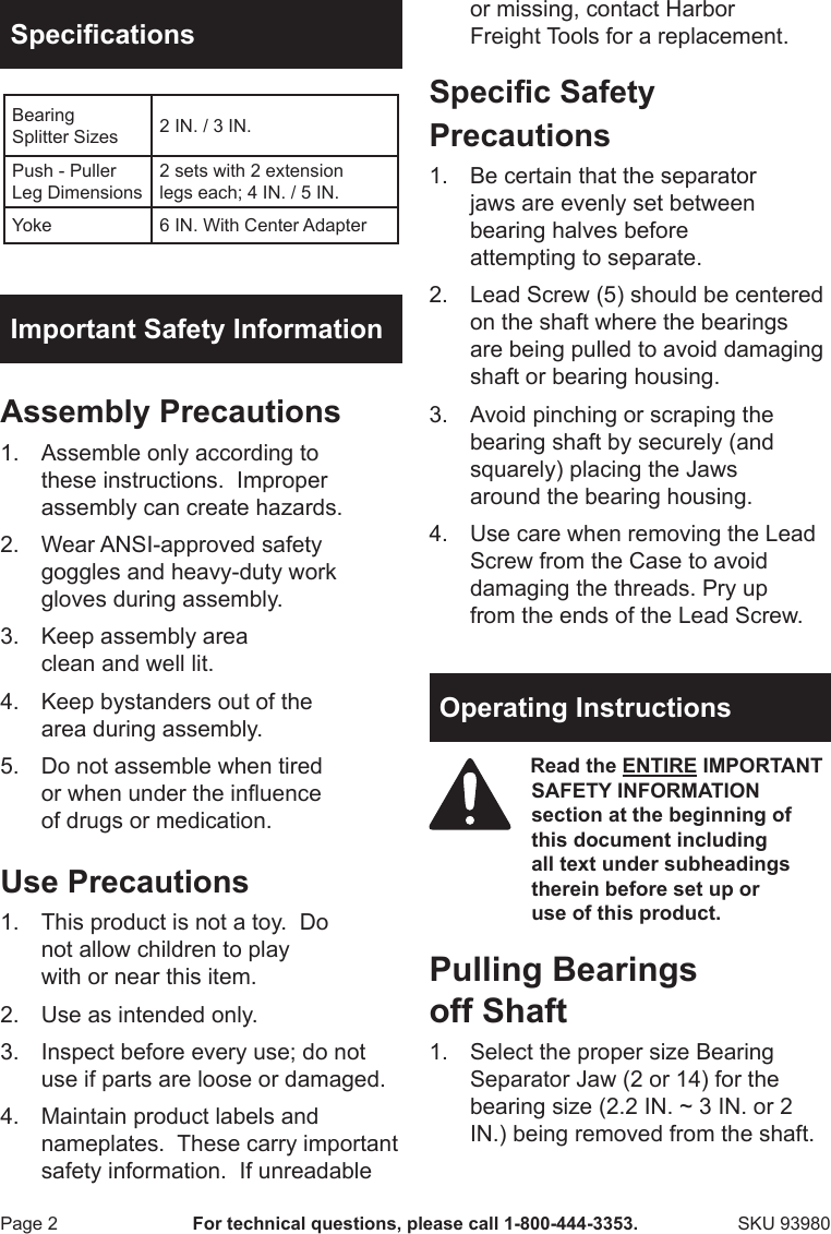 Page 2 of 8 - Harbor-Freight Harbor-Freight-Bearing-Separator-And-Puller-Set-Product-Manual-  Harbor-freight-bearing-separator-and-puller-set-product-manual