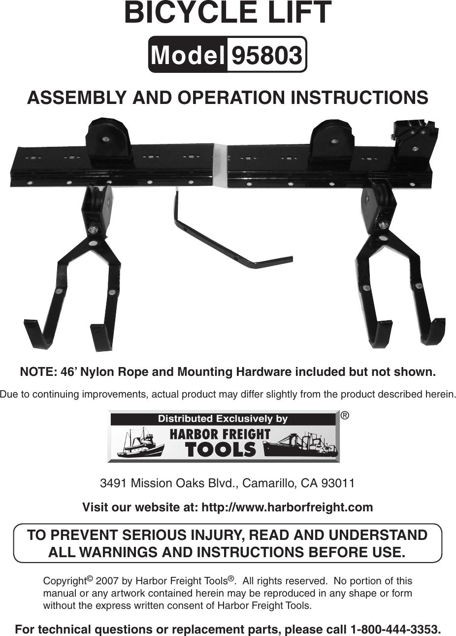Page 1 of 8 - Harbor-Freight Harbor-Freight-Bicycle-Lift-Product-Manual-  Harbor-freight-bicycle-lift-product-manual