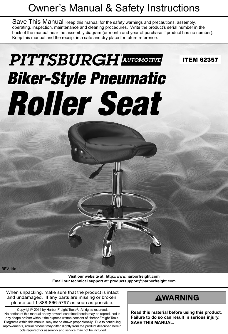 Harbor Freight Biker Style Pneumatic Roller Seat Product Manual