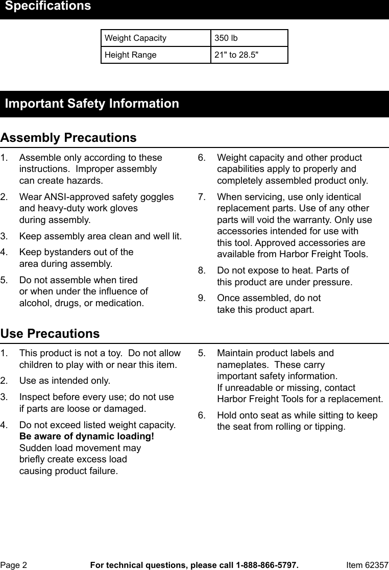 Harbor Freight Biker Style Pneumatic Roller Seat Product Manual