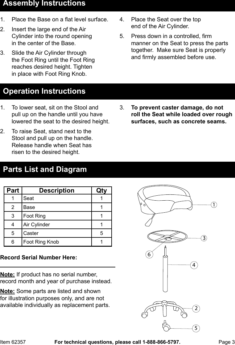 Harbor Freight Biker Style Pneumatic Roller Seat Product Manual