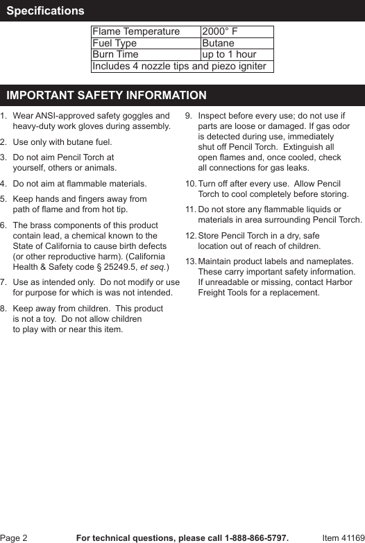 Page 2 of 4 - Harbor-Freight Harbor-Freight-Butane-Pencil-Torch-Product-Manual-  Harbor-freight-butane-pencil-torch-product-manual