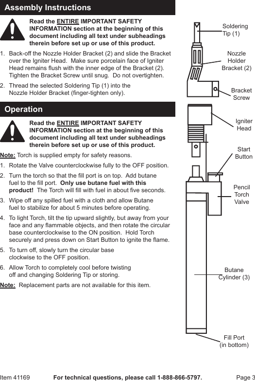 Page 3 of 4 - Harbor-Freight Harbor-Freight-Butane-Pencil-Torch-Product-Manual-  Harbor-freight-butane-pencil-torch-product-manual