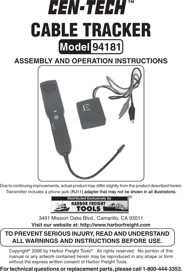 Page 1 of 8 - Harbor-Freight Harbor-Freight-Cable-Tracker-Product-Manual-  Harbor-freight-cable-tracker-product-manual