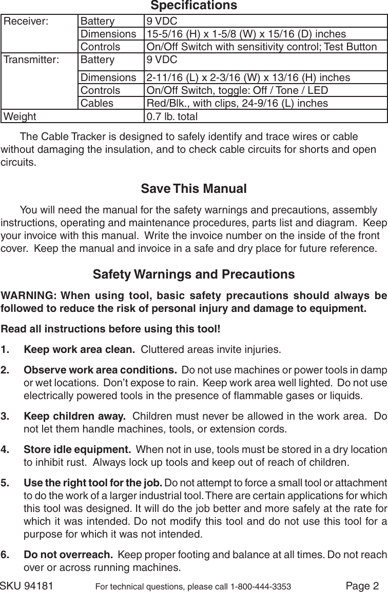 Page 2 of 8 - Harbor-Freight Harbor-Freight-Cable-Tracker-Product-Manual-  Harbor-freight-cable-tracker-product-manual