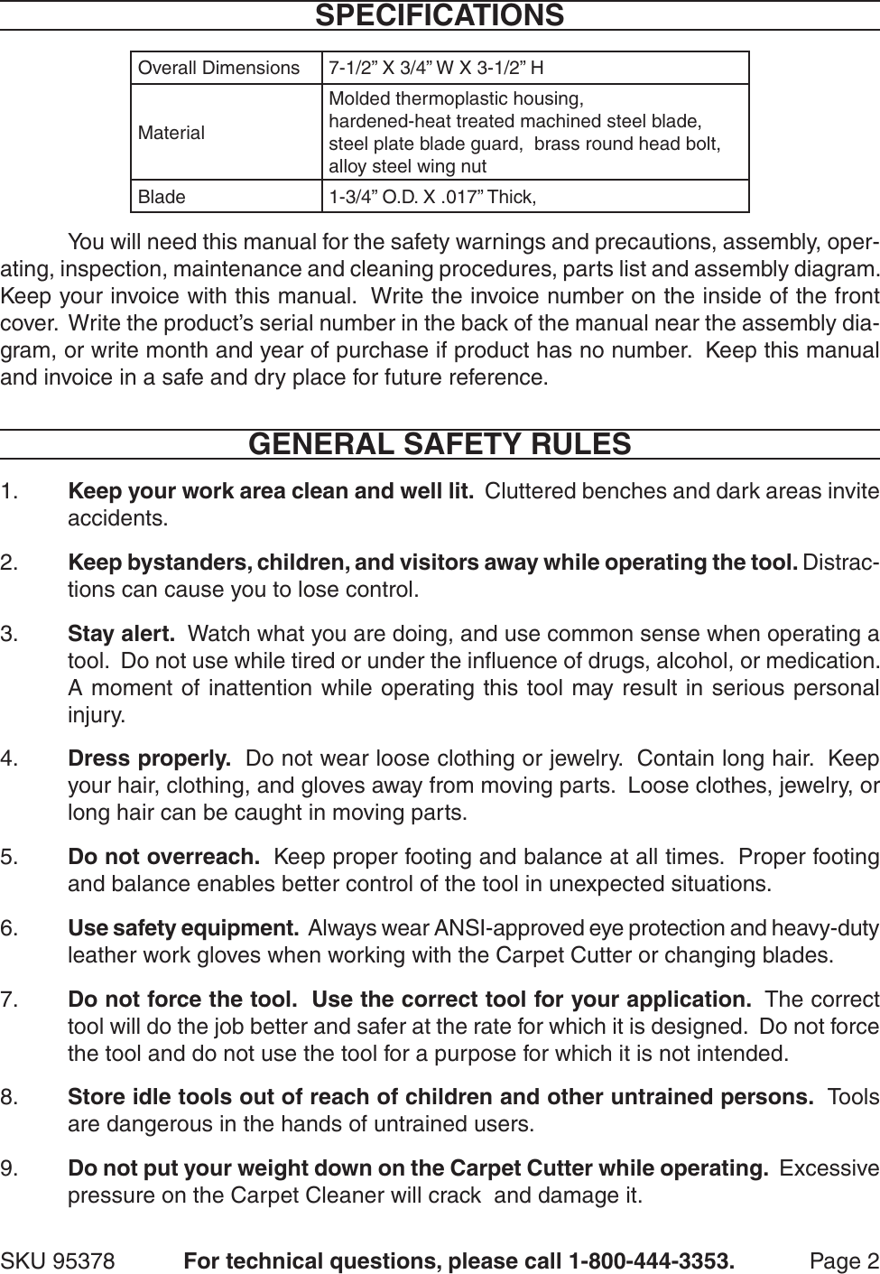 Page 2 of 5 - Harbor-Freight Harbor-Freight-Carpet-Cutter-Product-Manual-  Harbor-freight-carpet-cutter-product-manual