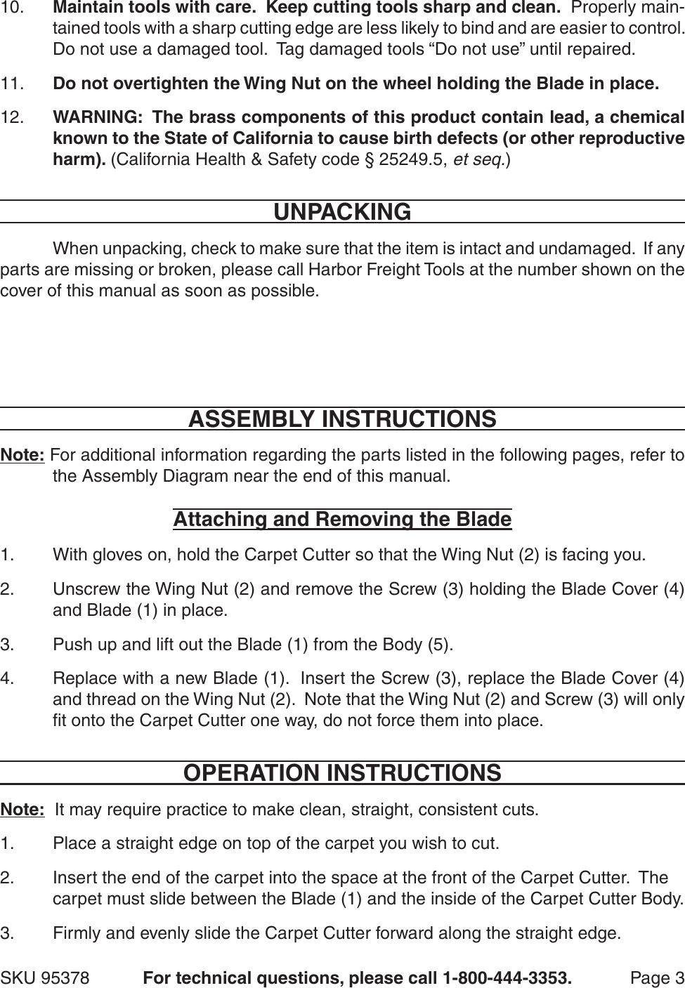 Page 3 of 5 - Harbor-Freight Harbor-Freight-Carpet-Cutter-Product-Manual-  Harbor-freight-carpet-cutter-product-manual
