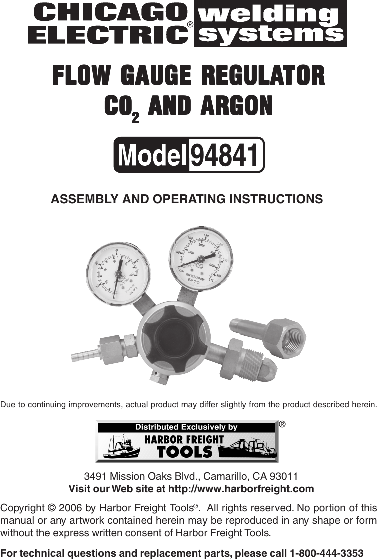 Page 1 of 7 - Harbor-Freight Harbor-Freight-Co2-Argon-Regulator-Gauge-Product-Manual- 94841 Regulator Gauge  Harbor-freight-co2-argon-regulator-gauge-product-manual